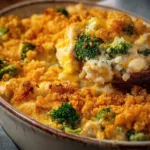 Chicken Rice Broccoli Casserole with golden Ritz topping in baking dish