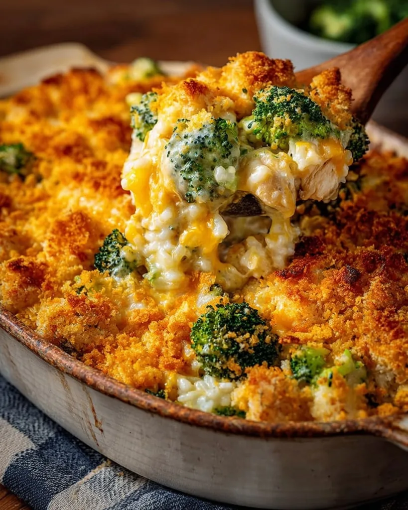 Baked chicken rice broccoli casserole with cheddar and Ritz topping