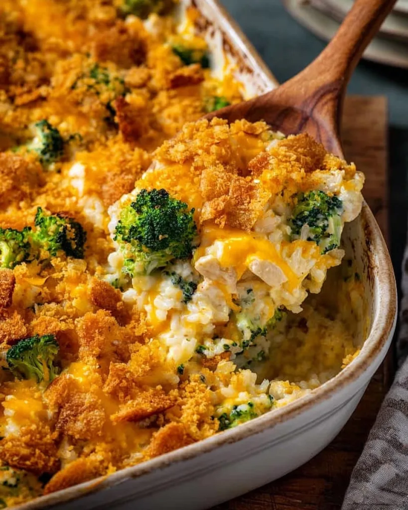 Cheesy chicken rice casserole with broccoli scooped from dish