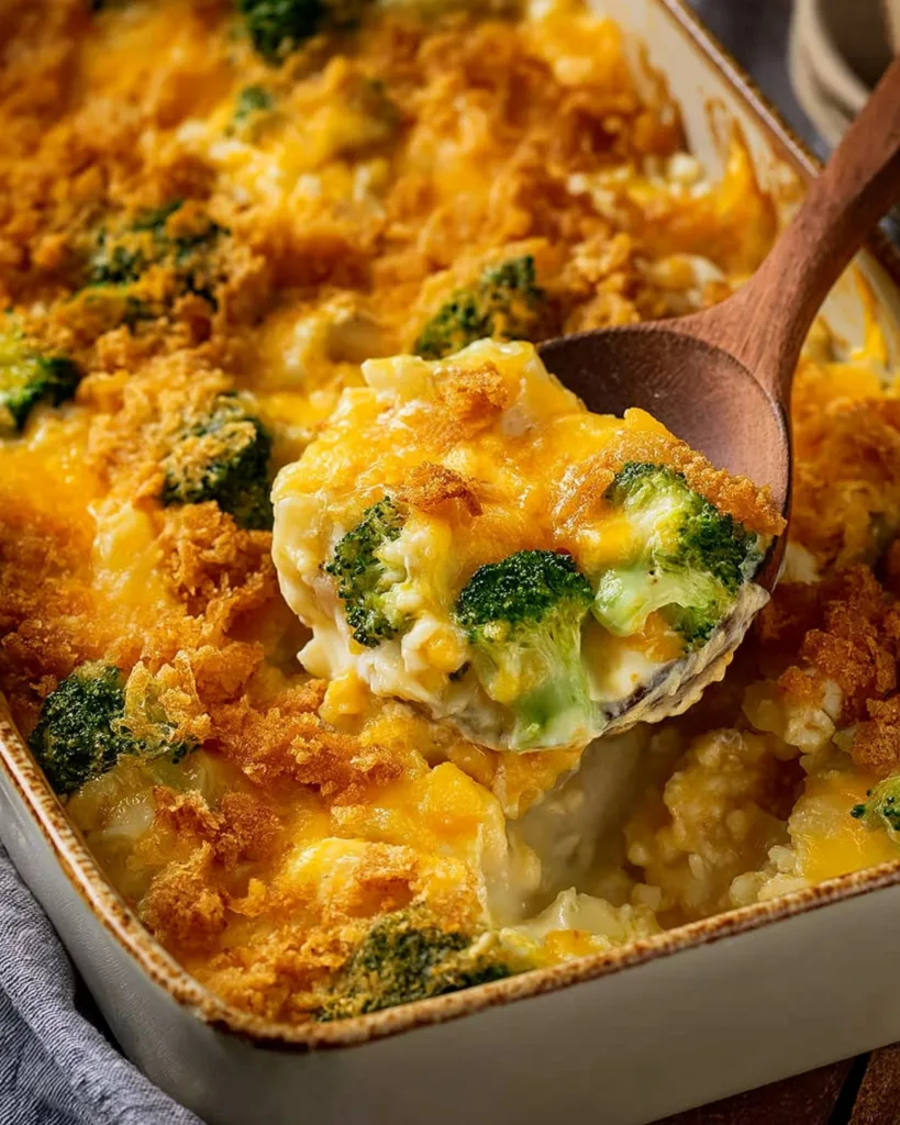 Classic chicken rice broccoli casserole with crispy cracker topping