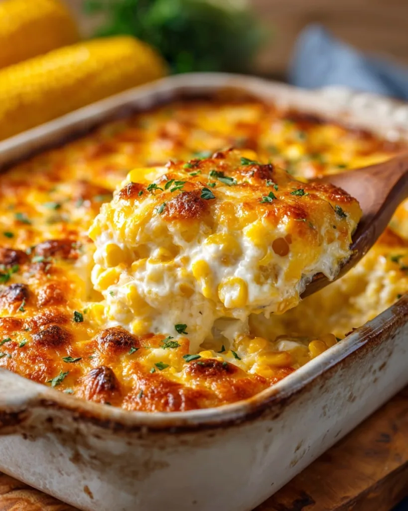 Spoonful of cheesy corn casserole with cream cheese being lifted from pan