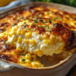 Creamy corn casserole with golden cheese top in baking dish