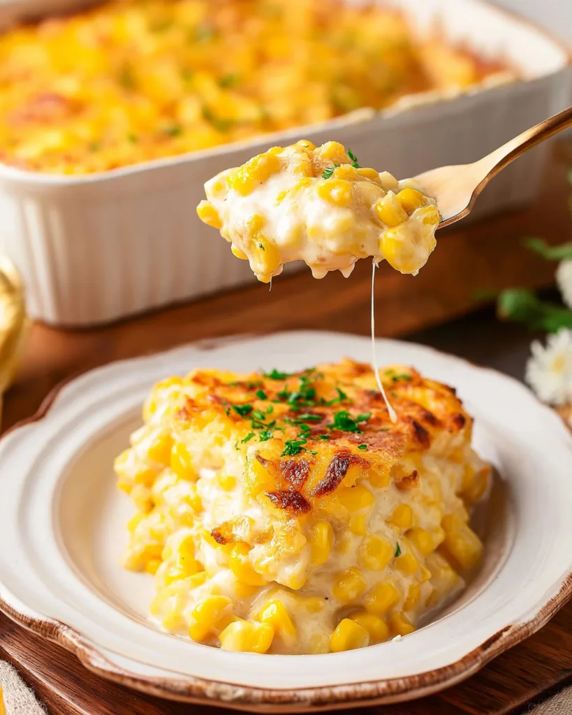 Plated corn casserole with cream cheese on white dish with fork