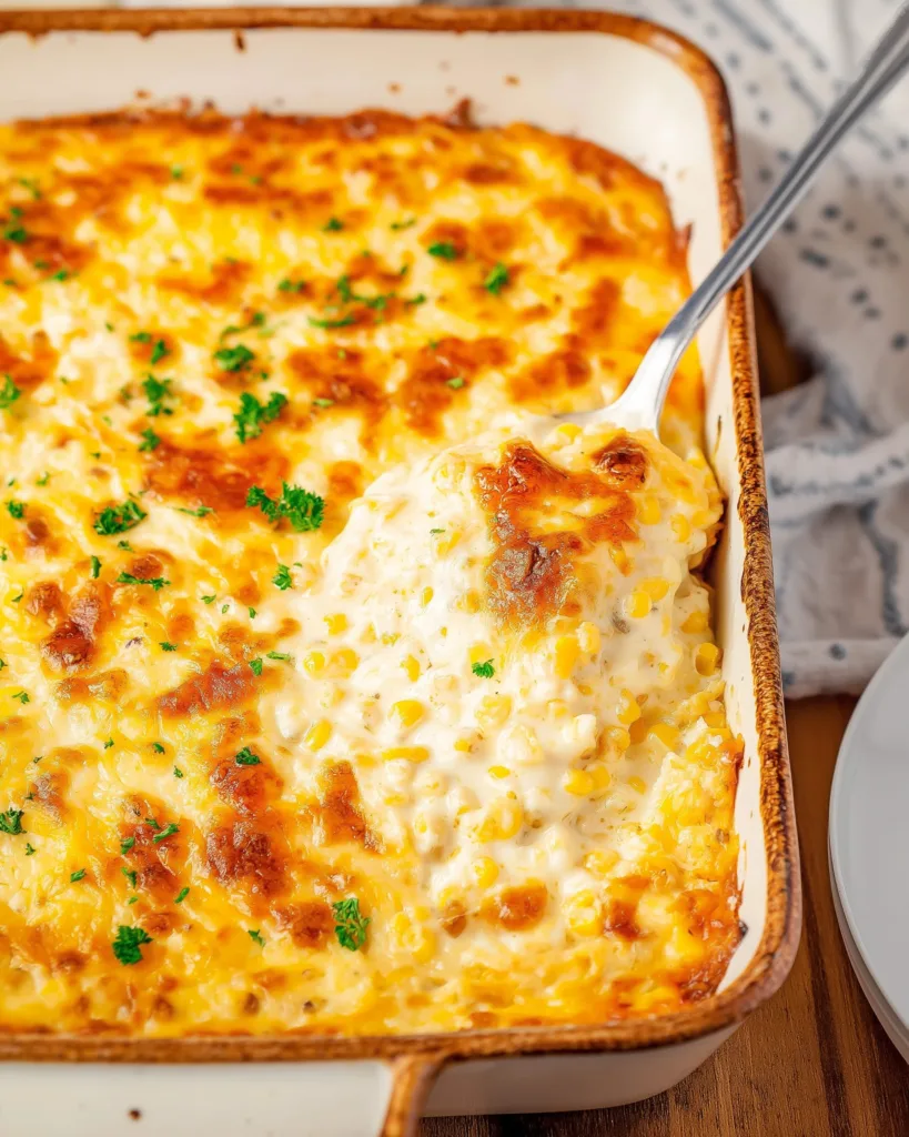 Spoon serving step of creamy corn casserole from dish
