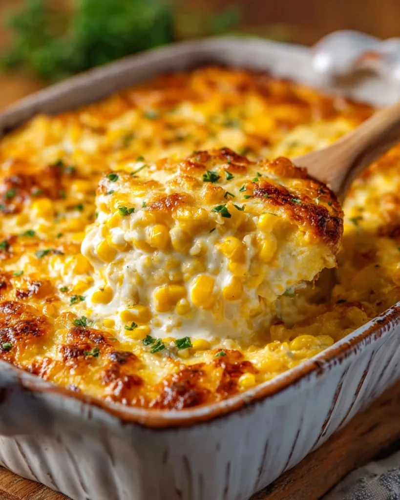Cheesy baked corn casserole topped with parsley in ceramic dish