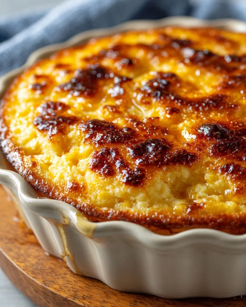 baked corn pudding casserole with browned edges in a white dish