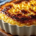 closeup of golden brown corn pudding casserole with caramelized top