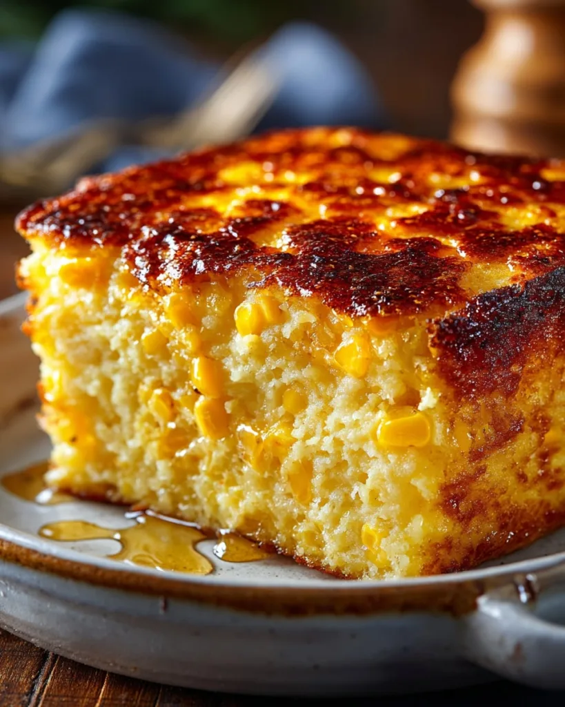 slice of corn pudding casserole with honey drizzle on ceramic plate