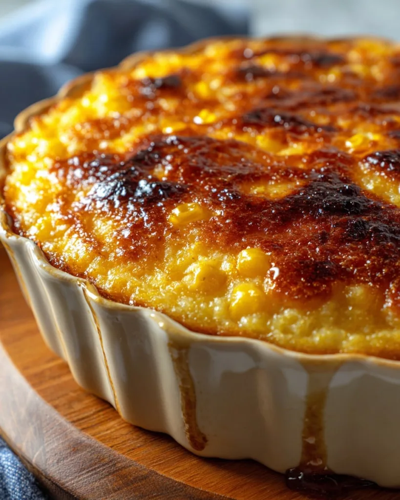 southern-style corn pudding casserole in white baking dish