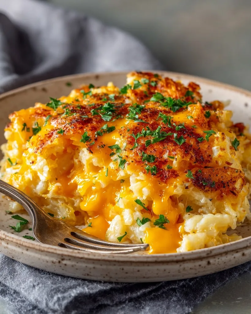 Served portion of cheesy hashbrown casserole with melted cheese and herbs