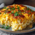 Cheesy Crockpot Hashbrown Casserole on a plate, topped with parsley