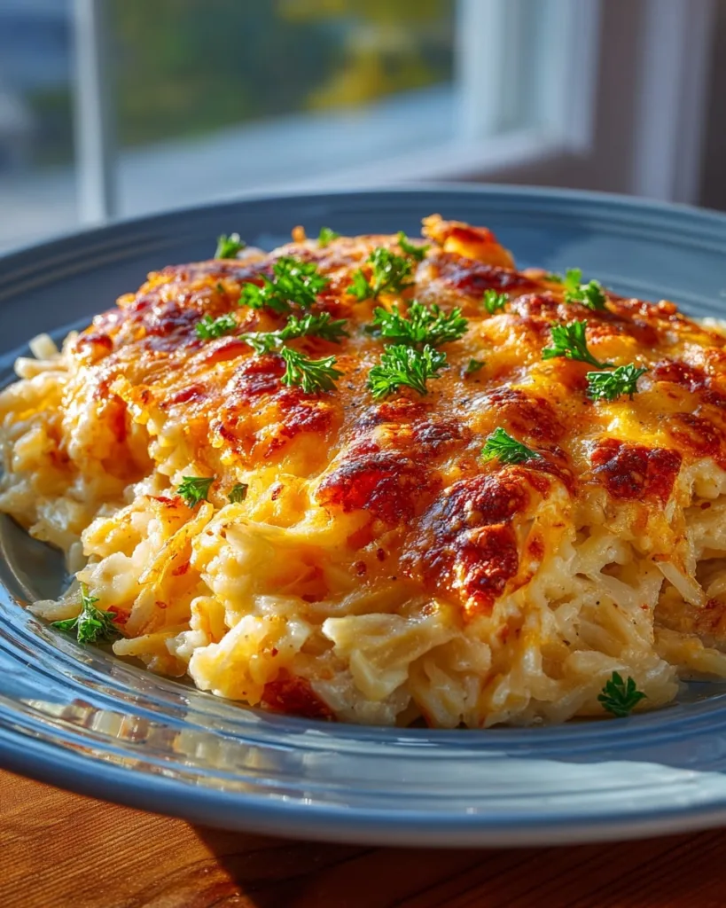 Crockpot hashbrown casserole plated near a window with crispy cheese topping