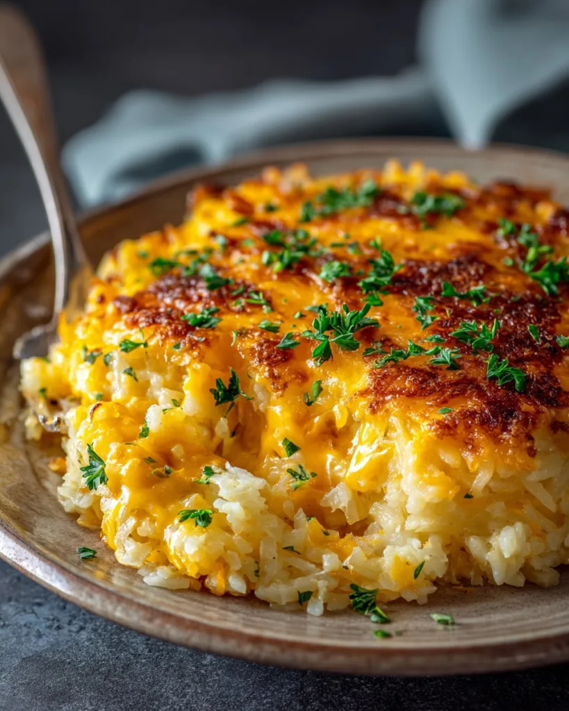 Cheesy Crockpot hashbrown casserole with browned top on a rustic plate