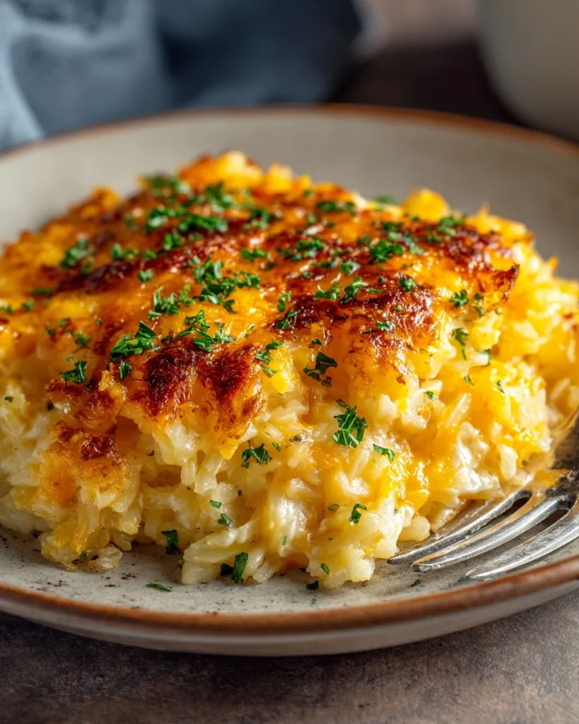 Easy Crockpot Hashbrown Casserole served hot with parsley garnish