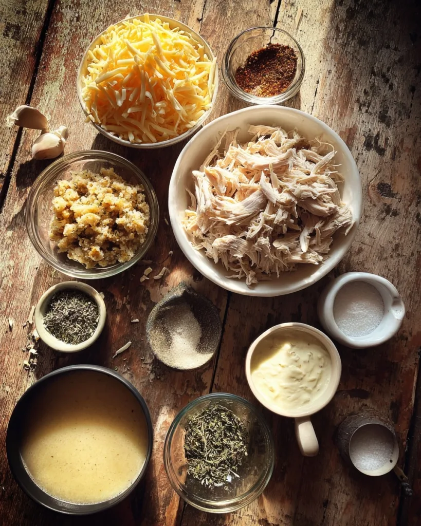 Dolly’s Chicken and Stuffing Casserole ingredients laid out on rustic wood