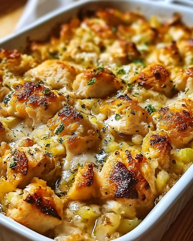 Close-up of baked dolly's chicken and stuffing casserole