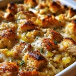 Dolly's Chicken and Stuffing Casserole baked in white dish