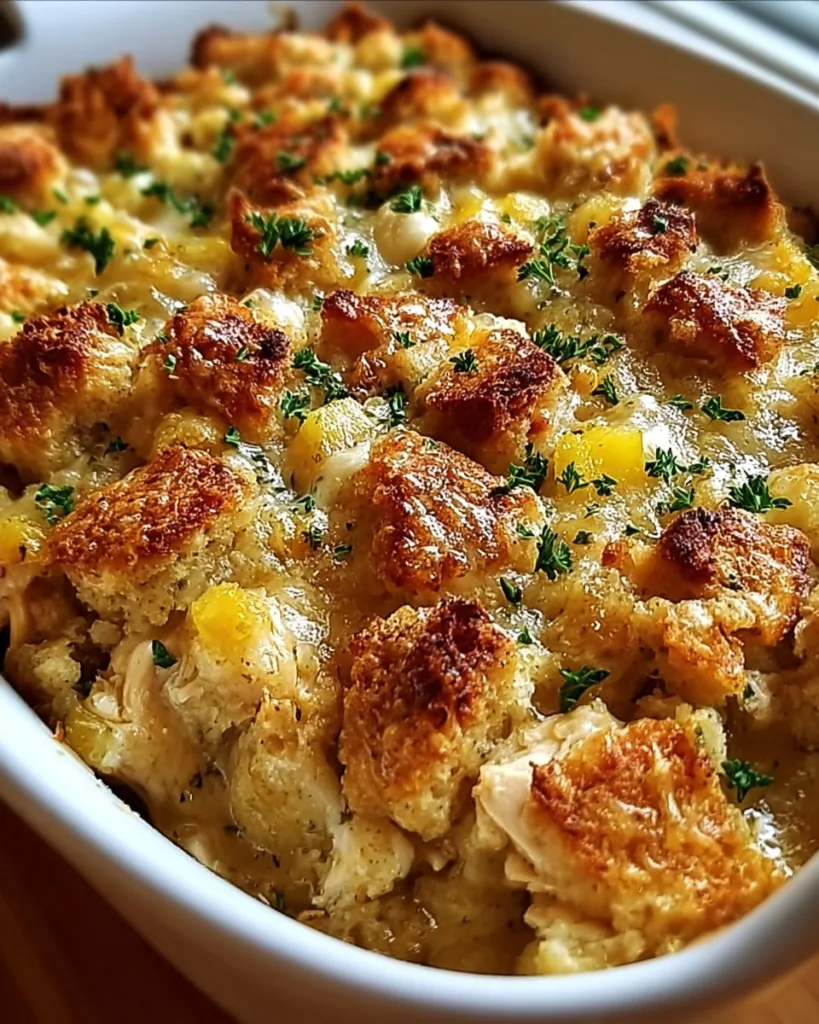 Dolly's Chicken stuffing casserole with fresh parsley on top