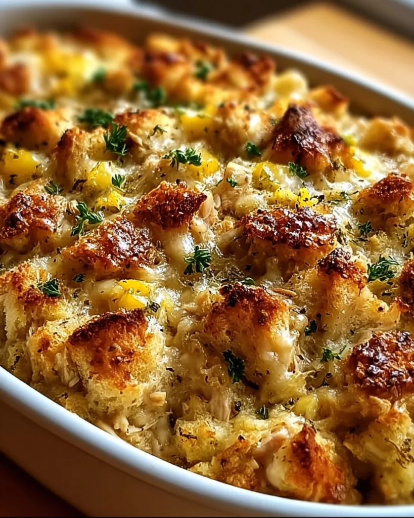 Classic baked chicken and stuffing with crusty top