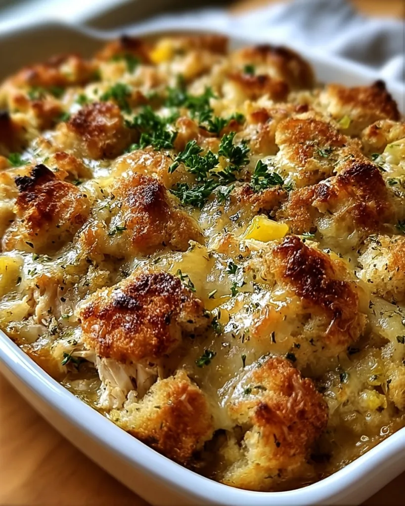 Crispy stuffing topped chicken casserole in baking dish