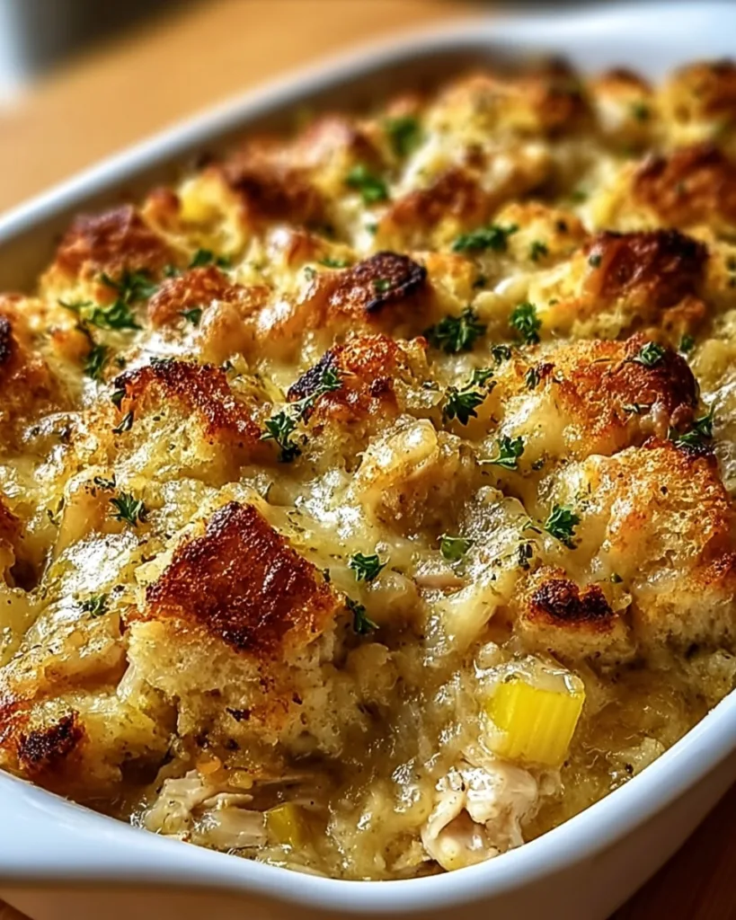 Golden baked dolly's chicken stuffing casserole in dish