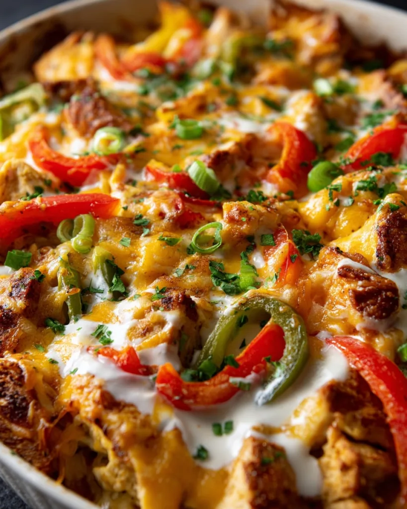creamy fajita chicken casserole topped with sour cream