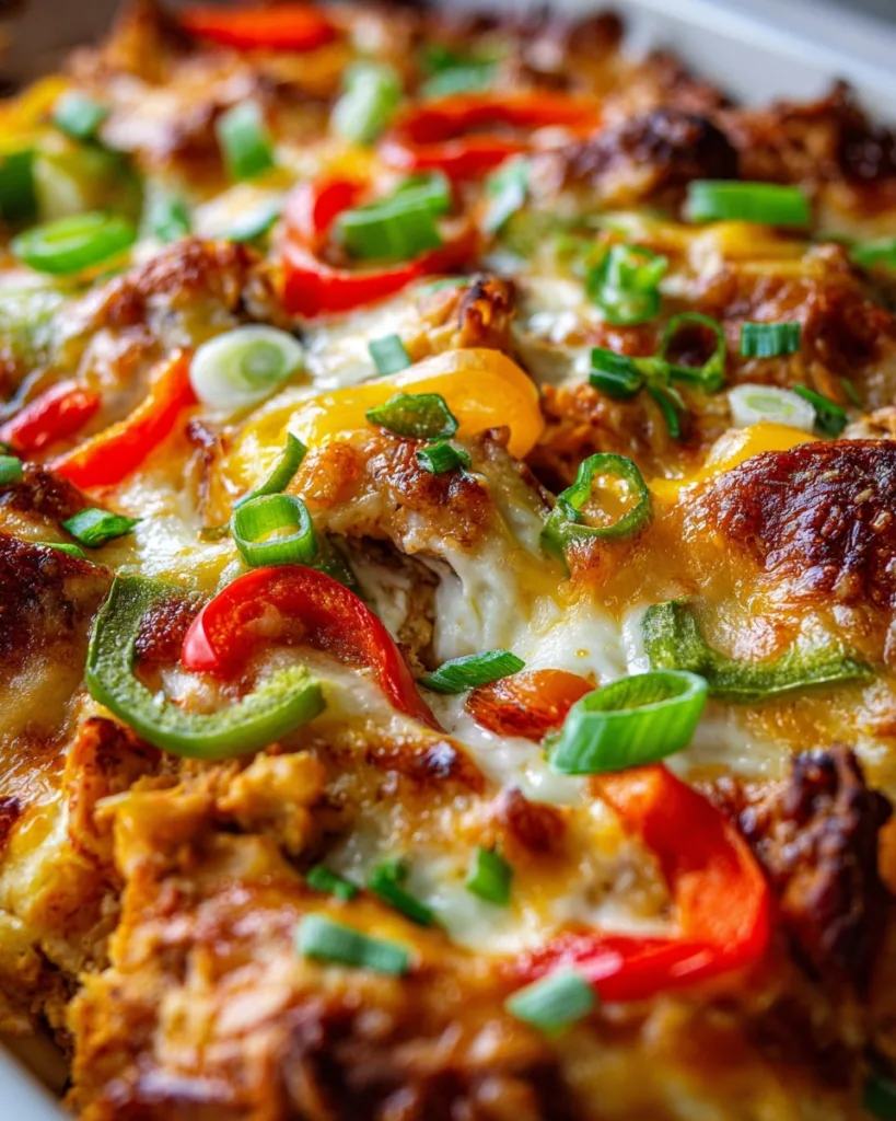 close-up of fajita chicken casserole with melted cheese topping