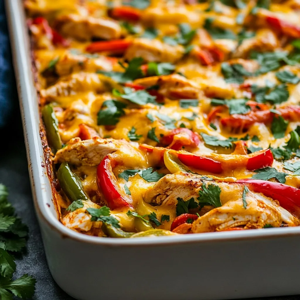 one-pan fajita chicken casserole with fresh cilantro