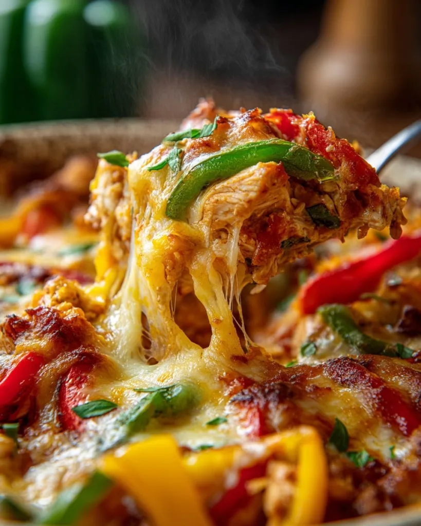 cheesy fajita chicken casserole being served with a spoon
