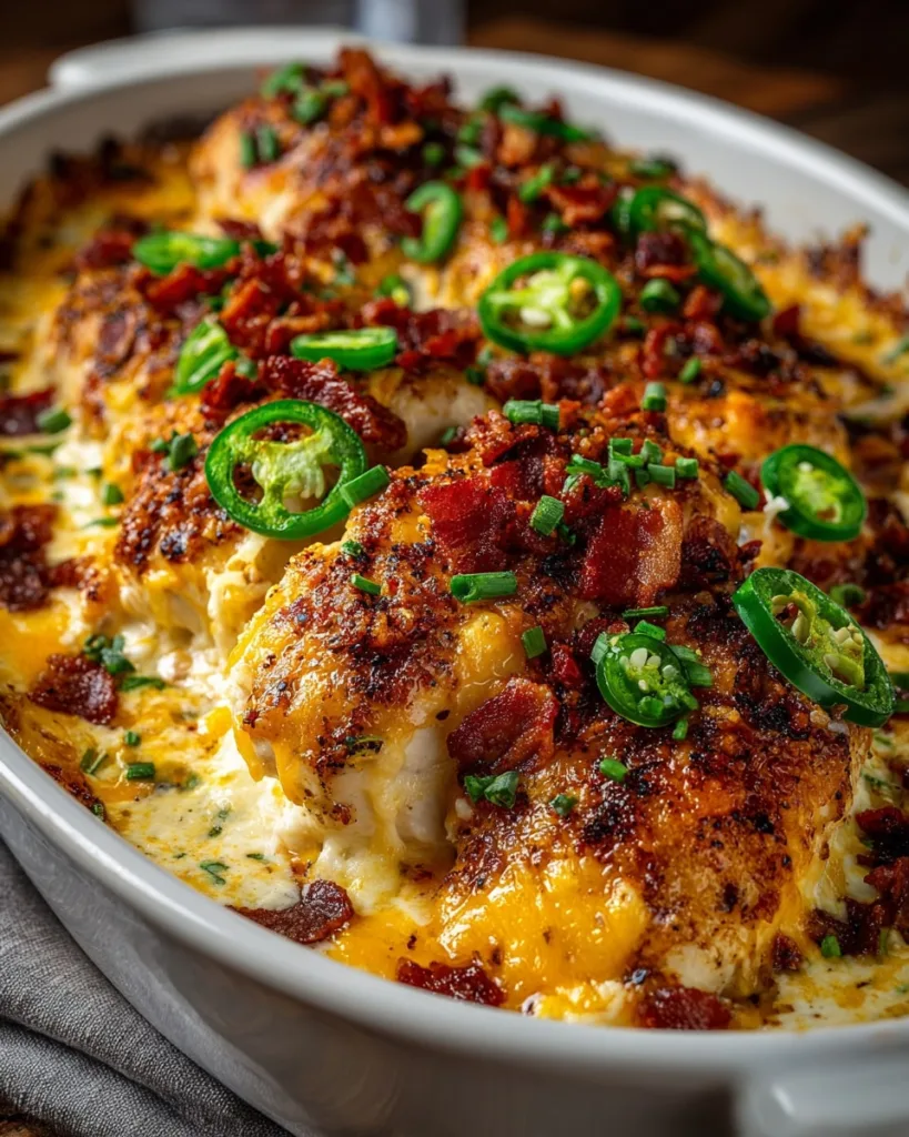 Cheesy jalapeno popper chicken casserole with melted cheddar and chopped bacon