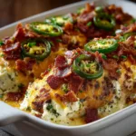 Jalapeno popper chicken casserole topped with bacon and fresh jalapeños in a white baking dish