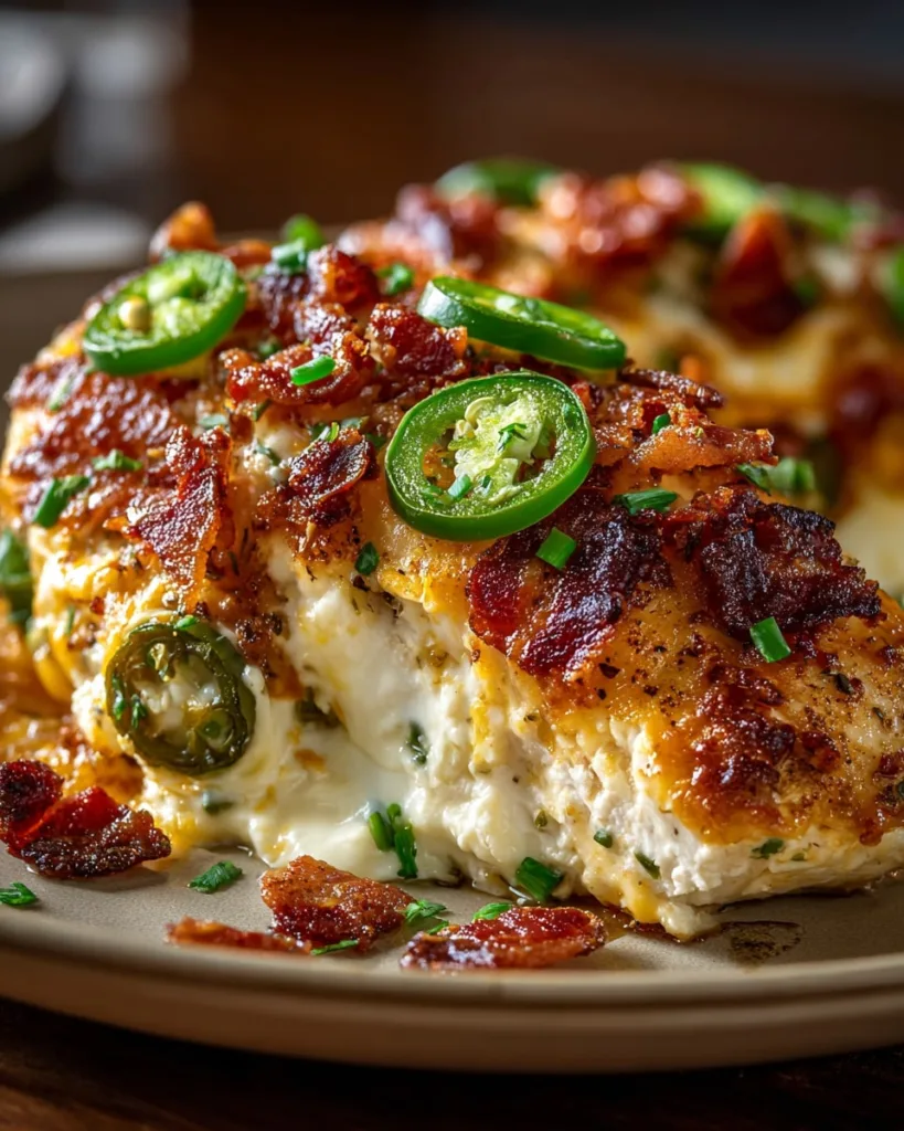 Single serving of jalapeno popper chicken casserole on a plate with gooey filling