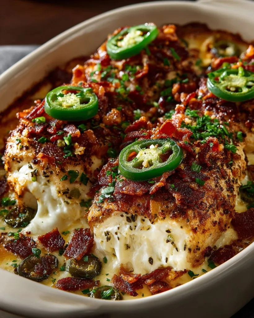 Baked jalapeno popper chicken casserole with melted cheese and sliced peppers