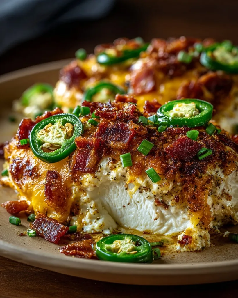 Creamy jalapeno popper chicken casserole on a plate with jalapeño slices