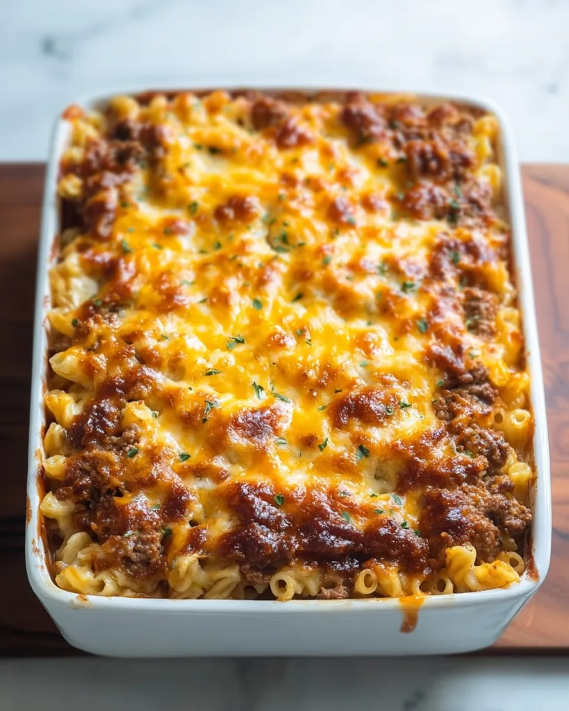 Overhead view of a baked Mac and Cheese Meatloaf Casserole with golden crust