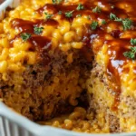 Close-up of a sliced Mac And Cheese Meatloaf Casserole with gooey cheese and fresh herbs on top