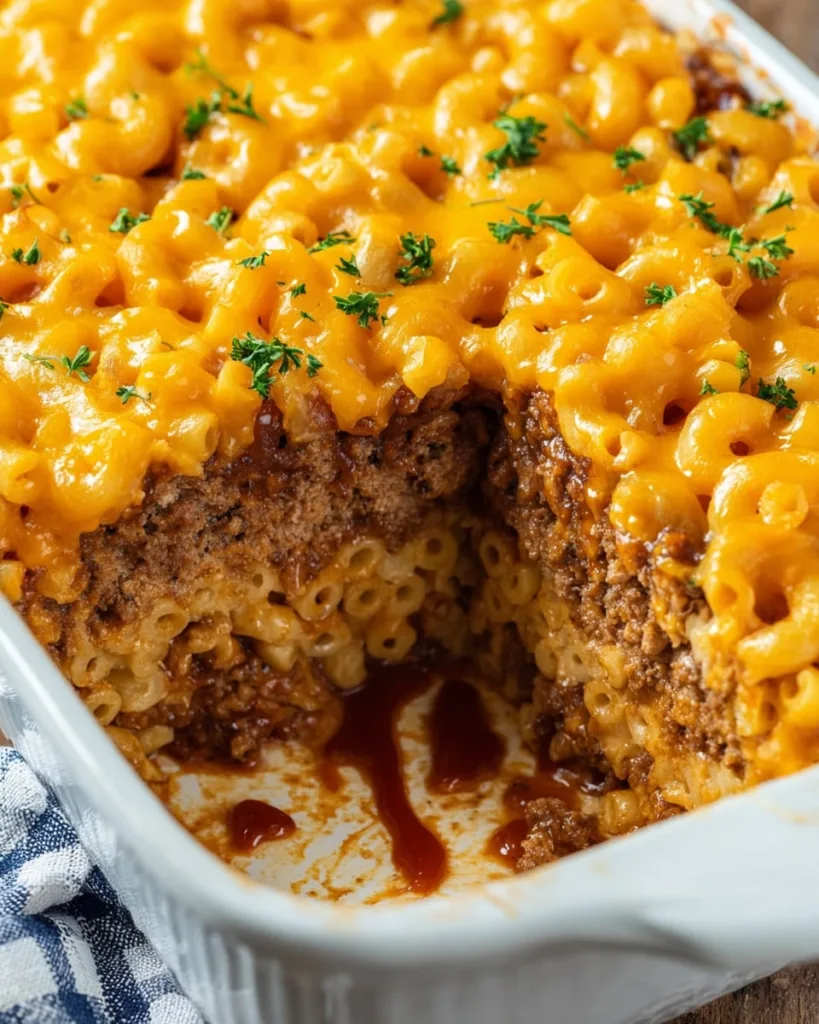 Cross-section of Mac and Cheese Meatloaf Casserole with elbow macaroni and BBQ glaze
