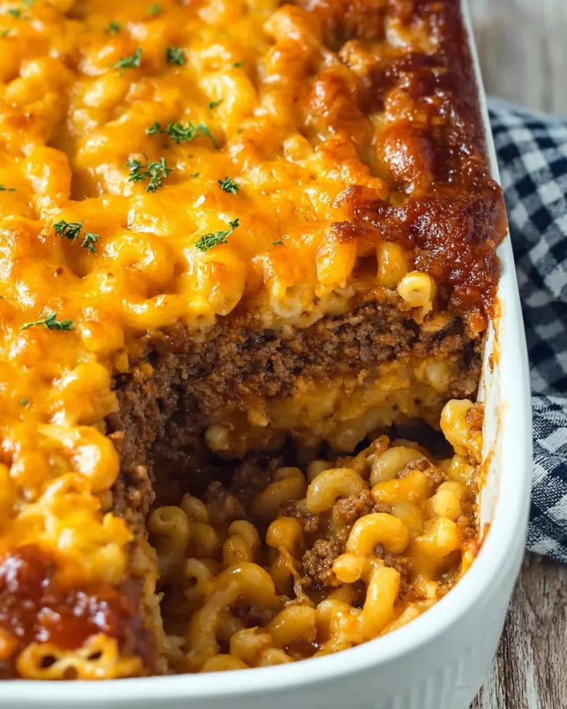 Baked mac and cheese meatloaf casserole cut to reveal cheesy interior