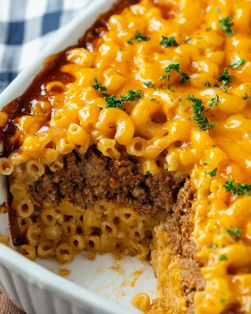 Cheesy mac and cheese topping over moist meatloaf base