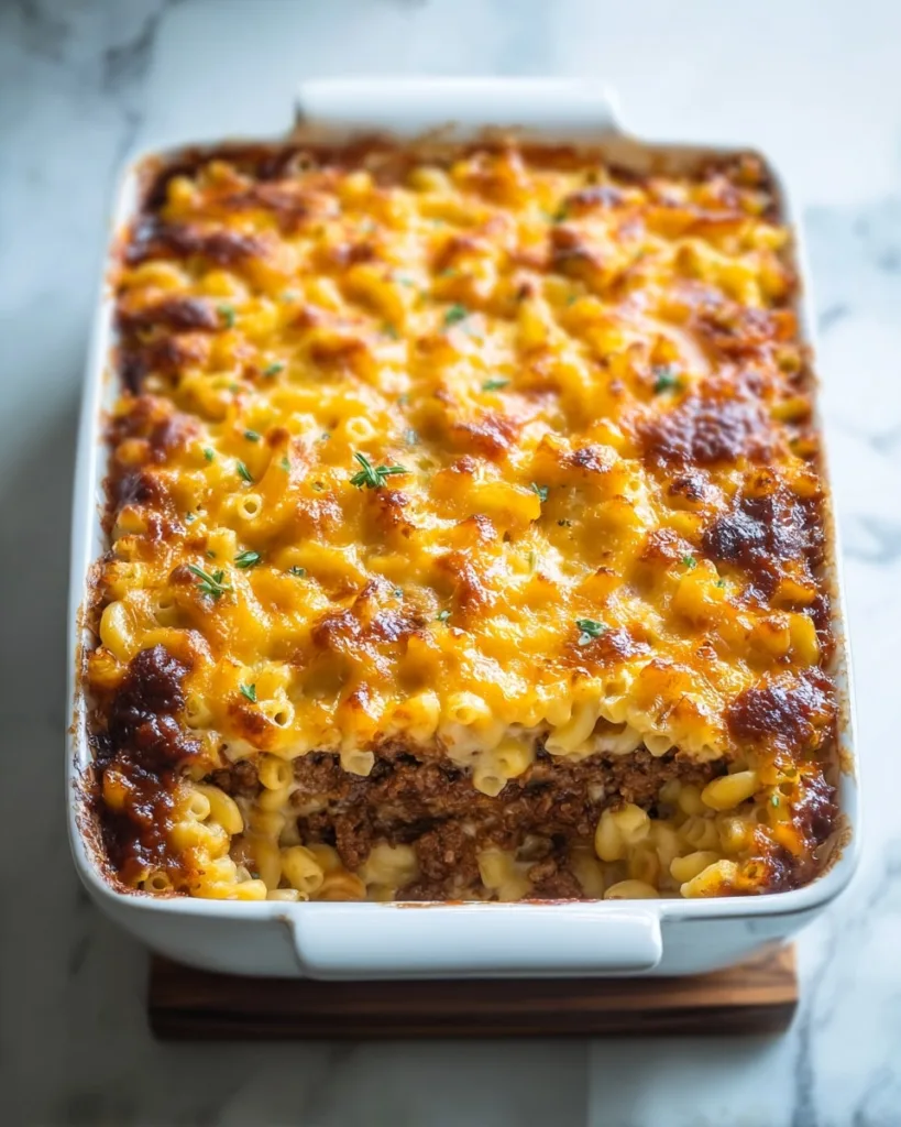 Full baked dish of meatloaf mac and cheese casserole topped with melted cheese