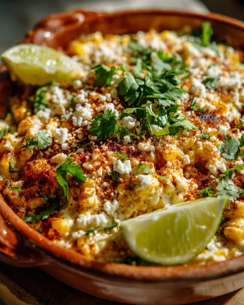 Elote casserole in a clay dish with charred corn and creamy cheese