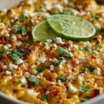 Baked Mexican street corn casserole topped with queso fresco, cilantro, and lime slices