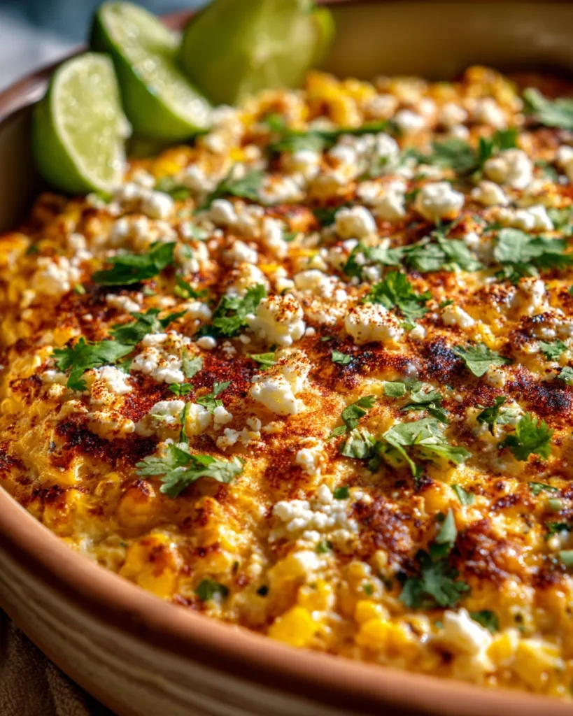 Street corn casserole with lime wedges, queso fresco, and chili powder