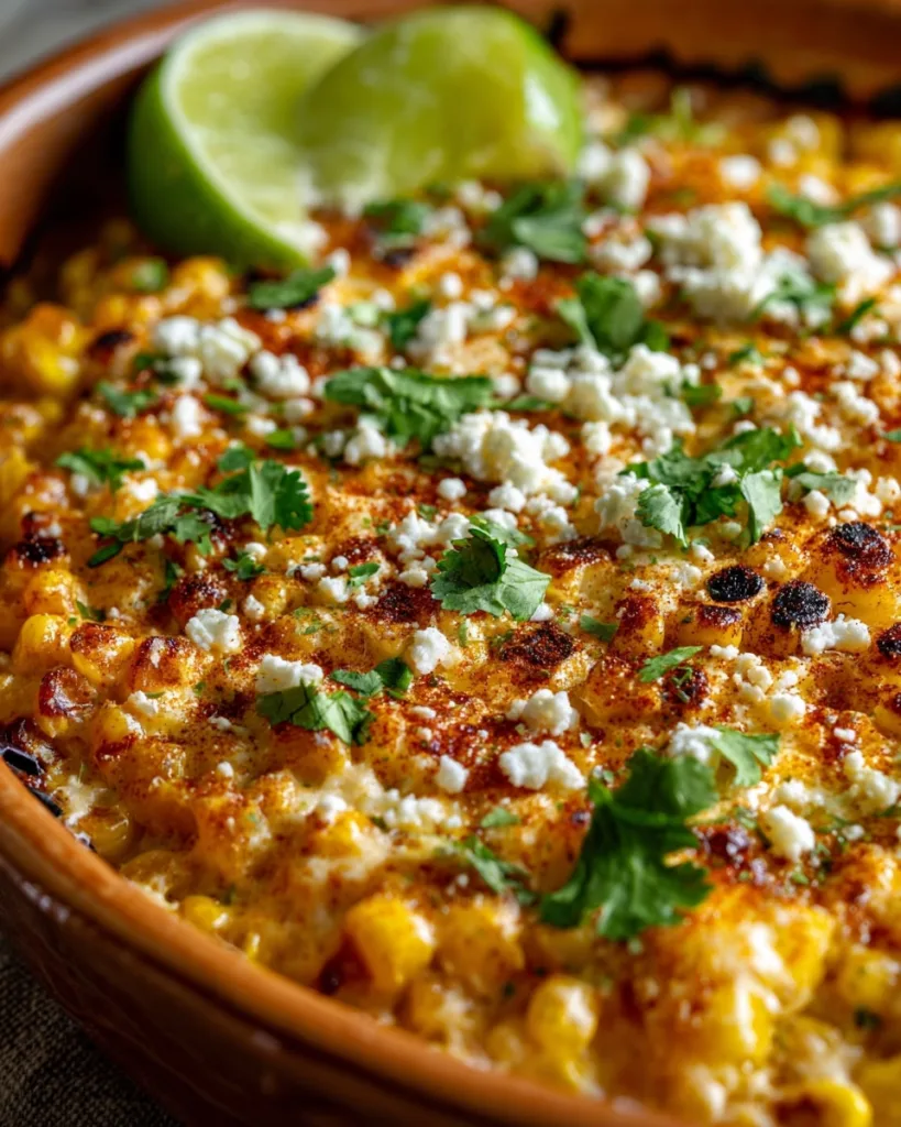 Golden brown Mexican corn casserole baked in a terracotta dish