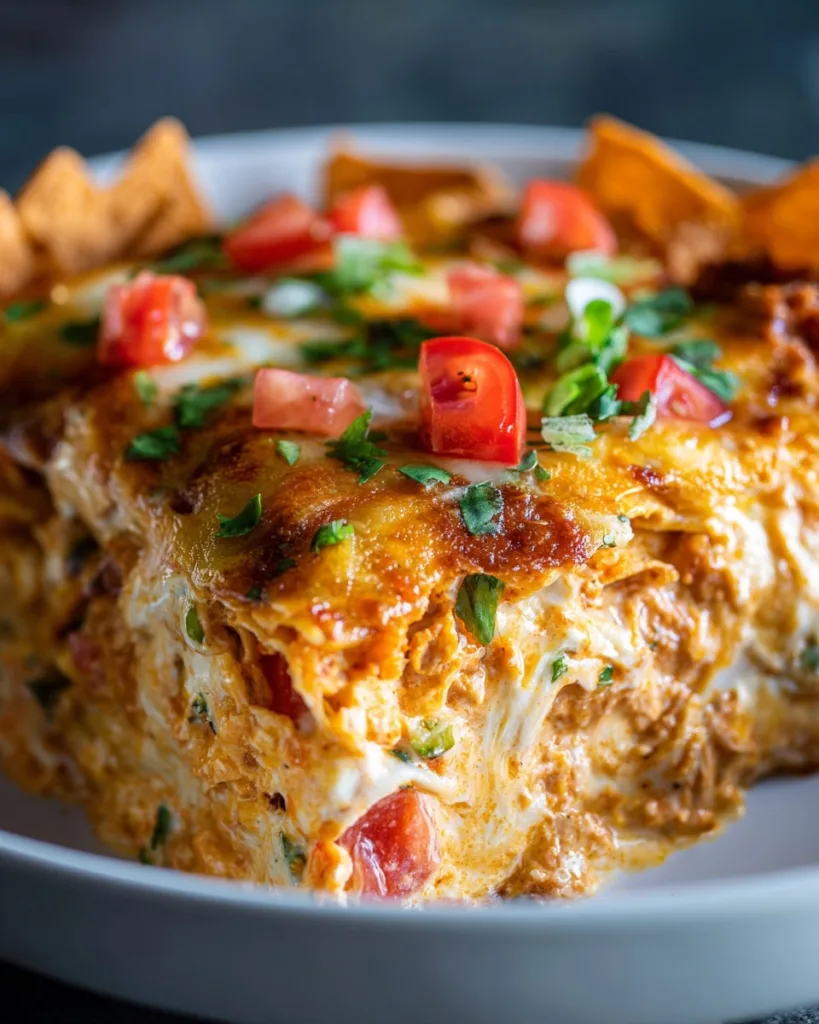 served portion of Mexican White Trash Casserole on a plate with tomatoes and cilantro