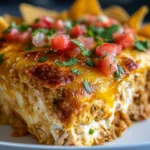 close-up of baked Mexican White Trash Casserole topped with cheese and tomatoes