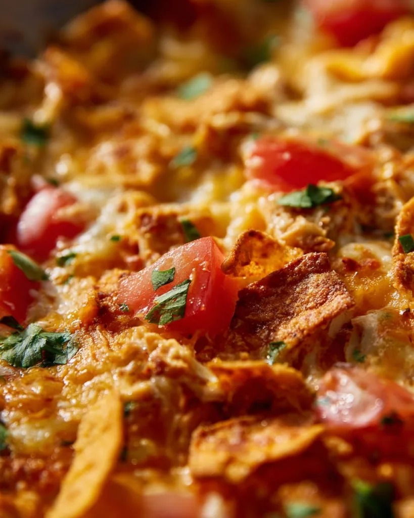 close-up of crunchy Dorito topping on Mexican chicken casserole