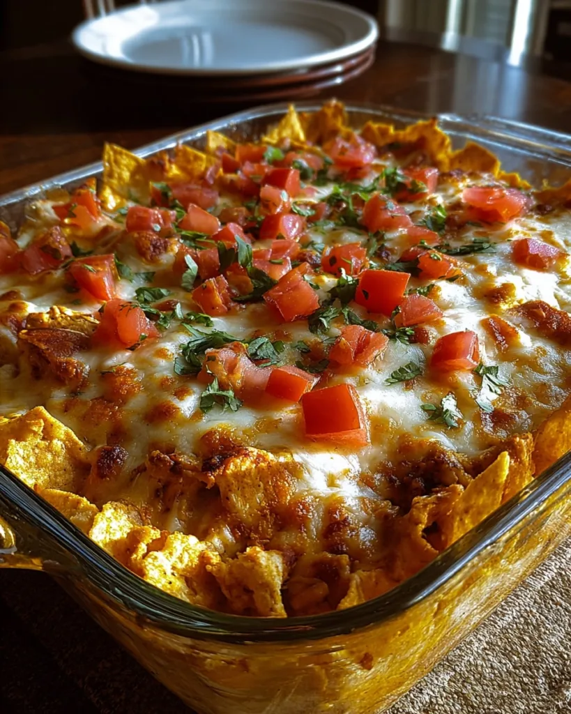 full baking dish of Mexican Dorito casserole topped with cheese and diced tomatoes
