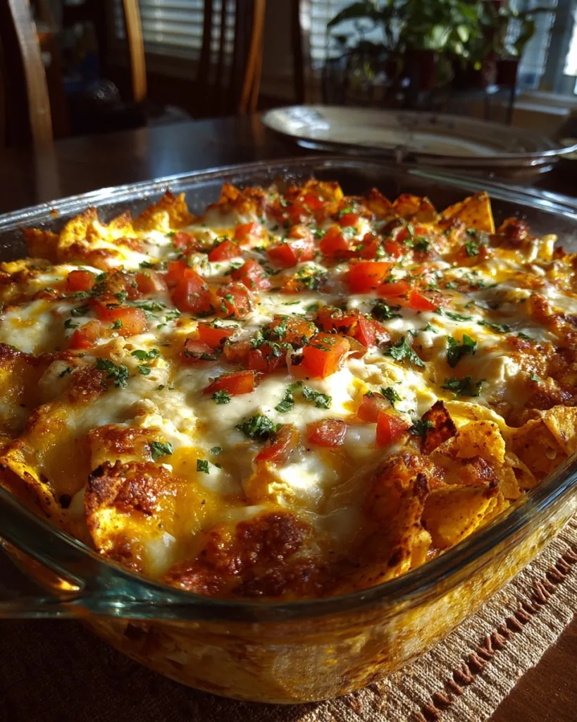baked Tex-Mex casserole with golden cheese, tomatoes, and chips