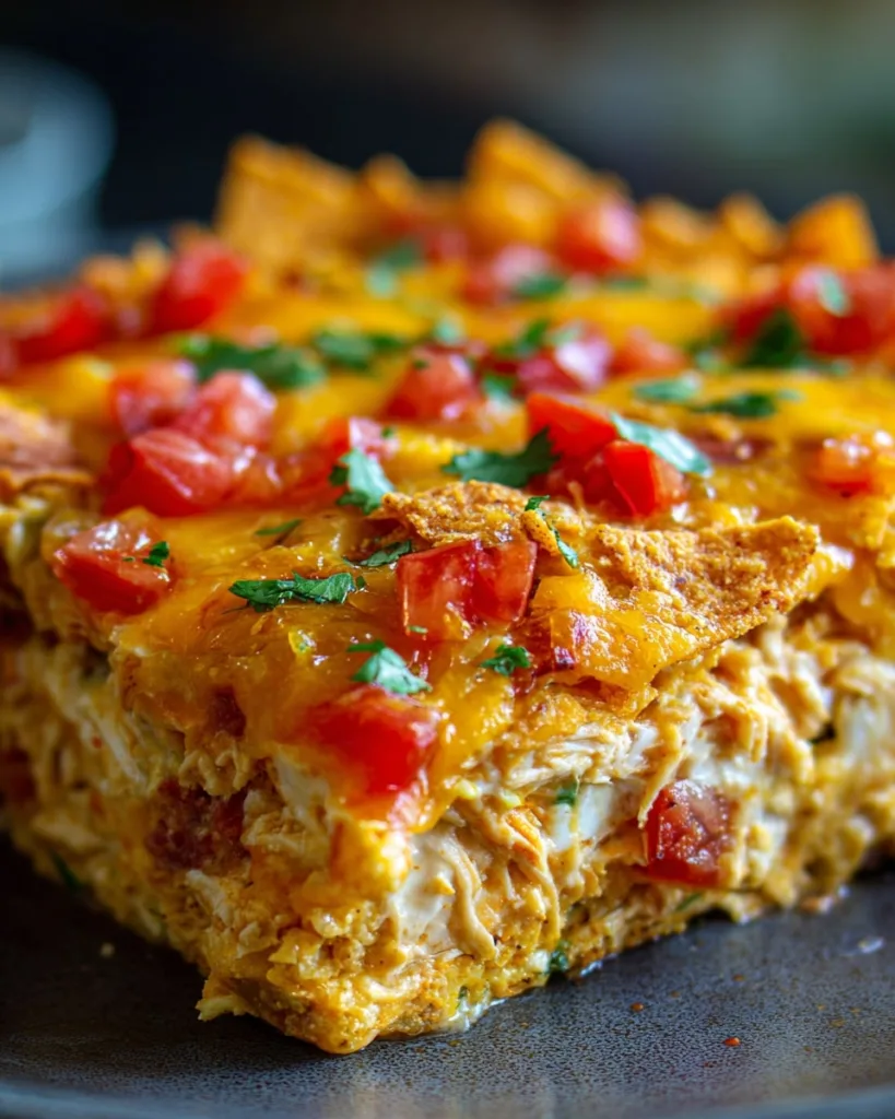 cheesy slice of Mexican White Trash Casserole with chicken and tomato